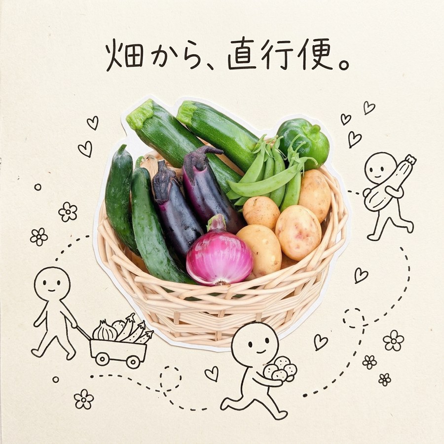 採れたて野菜のかごと、野菜を運ぶらくがきの子どもたち