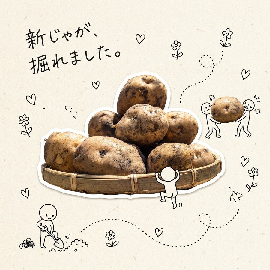 ざるに盛った新じゃがと、じゃがいもを掘って運ぶらくがきの子どもたち
