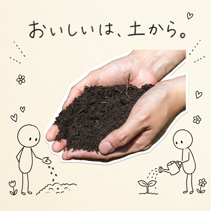 土をすくう両手と、種をまき水をやるらくがきの子どもたち